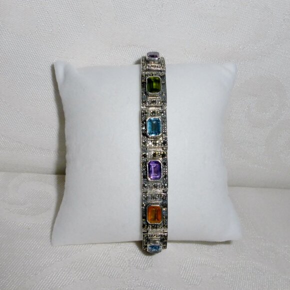 Vintage Silver Bracelet with Marcasite Amethyst Topaz Citrine Peridot Stones 7" - Picture 5 of 9